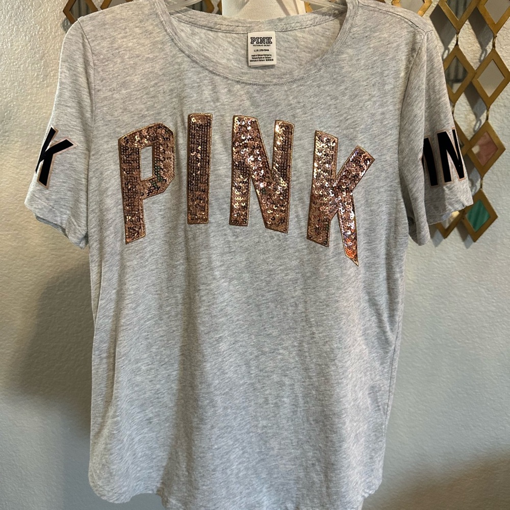 PINK Victoria's Secret Gray Tee with Sequin Letters